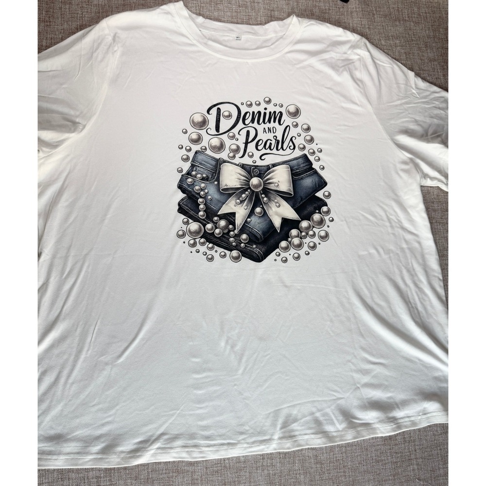 Denim and Pearls Graphic T-Shirt White Plus Size 5XL Short Sleeve Crewneck Tee - Picture 2 of 7